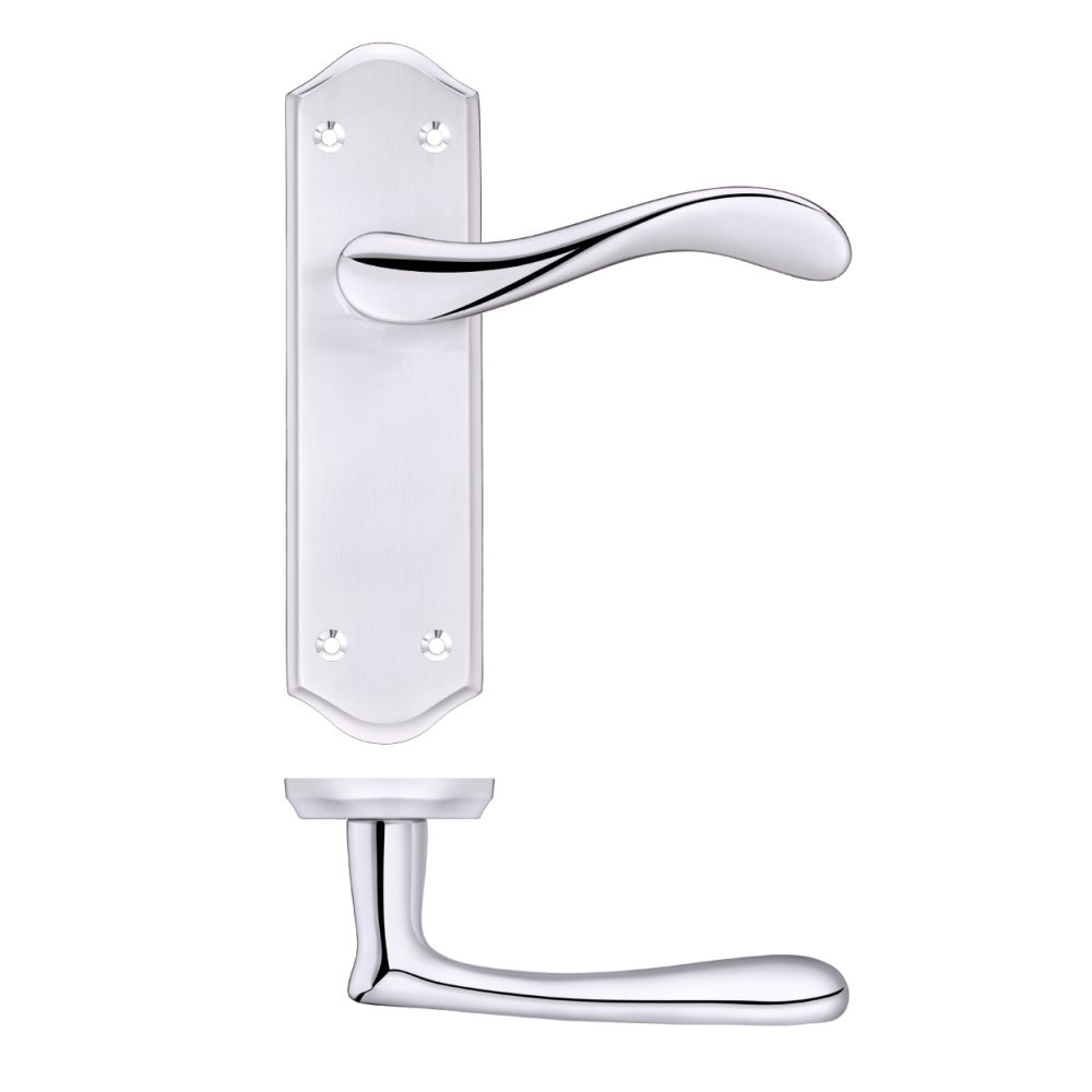 High quality image of the PR0 - Project Range - Project Asti Lever on Latch Backplate - Satin Chrome/Polished Chrome | Sku. pr062sccp | available to order from Trade Door Handles.