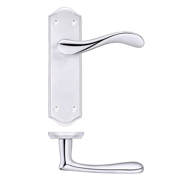 High quality image of the PR0 - Project Range - Project Asti Lever on Latch Backplate - Satin Chrome/Polished Chrome | Sku. pr062sccp | available to order from Trade Door Handles.