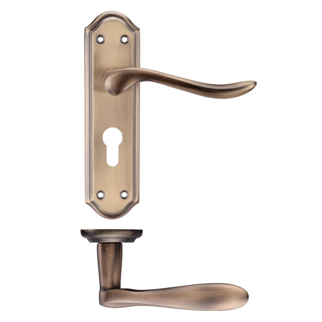 High quality image of the PR0 - Project Range - Project Lincoln Lever on Europrofile Lock Backplate 180x48mm - Bronze | Sku. pr071epfb | available to order from Trade Door Handles.