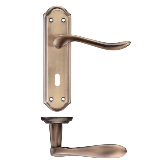 High quality image of the PR0 - Project Range - Project Lincoln Lever on Lock Backplate 180x48mm - Bronze | Sku. pr071fb | available to order from Trade Door Handles.