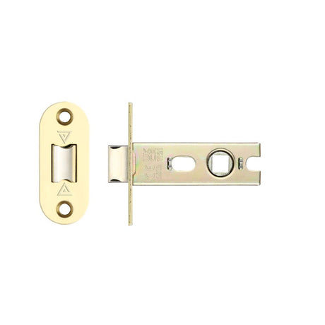 High quality image of the PR0 - Project Range - Project Tubular Latch 76mm - UKCA/CE, Radius Forend - PVD Polished Brass - Satin Chrome | Sku. prtl76fd-r-pvdpb | available to order from Trade Door Handles.