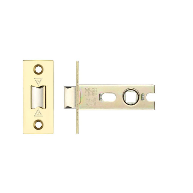 High quality image of the PR0 - Project Range - Project Tubular Latch 76mm - UKCA/CE, Square Forend - PVD Polished Brass - Satin Chrome | Sku. prtl76fd-s-pvdpb | available to order from Trade Door Handles.