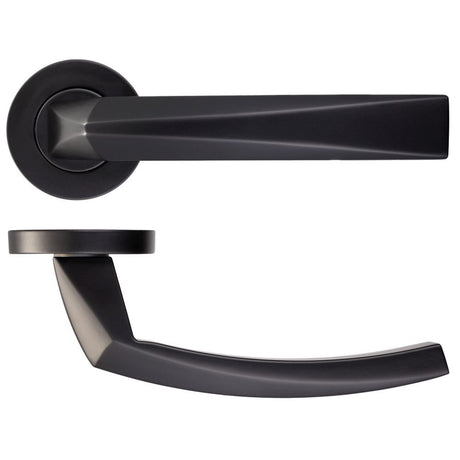 High quality image of the Rosso Maniglie - Hydra Lever on Round Rose - Powder Coat Black | Sku. rm010pcb | available to order from Trade Door Handles.