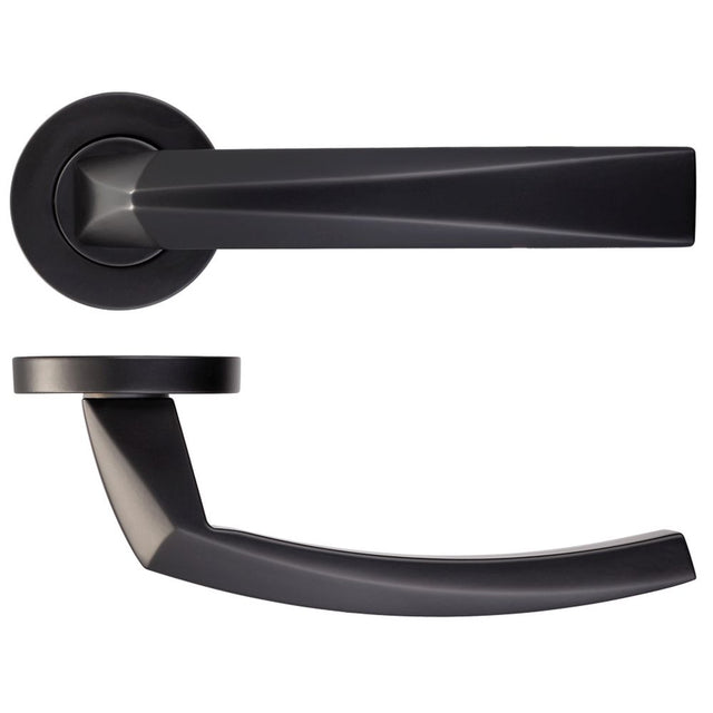 High quality image of the Rosso Maniglie - Hydra Lever on Round Rose - Powder Coat Black | Sku. rm010pcb | available to order from Trade Door Handles.