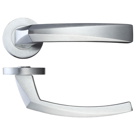 High quality image of the Rosso Maniglie - Hydra Lever on Round Rose - Satin Chrome | Sku. rm010sc | available to order from Trade Door Handles.