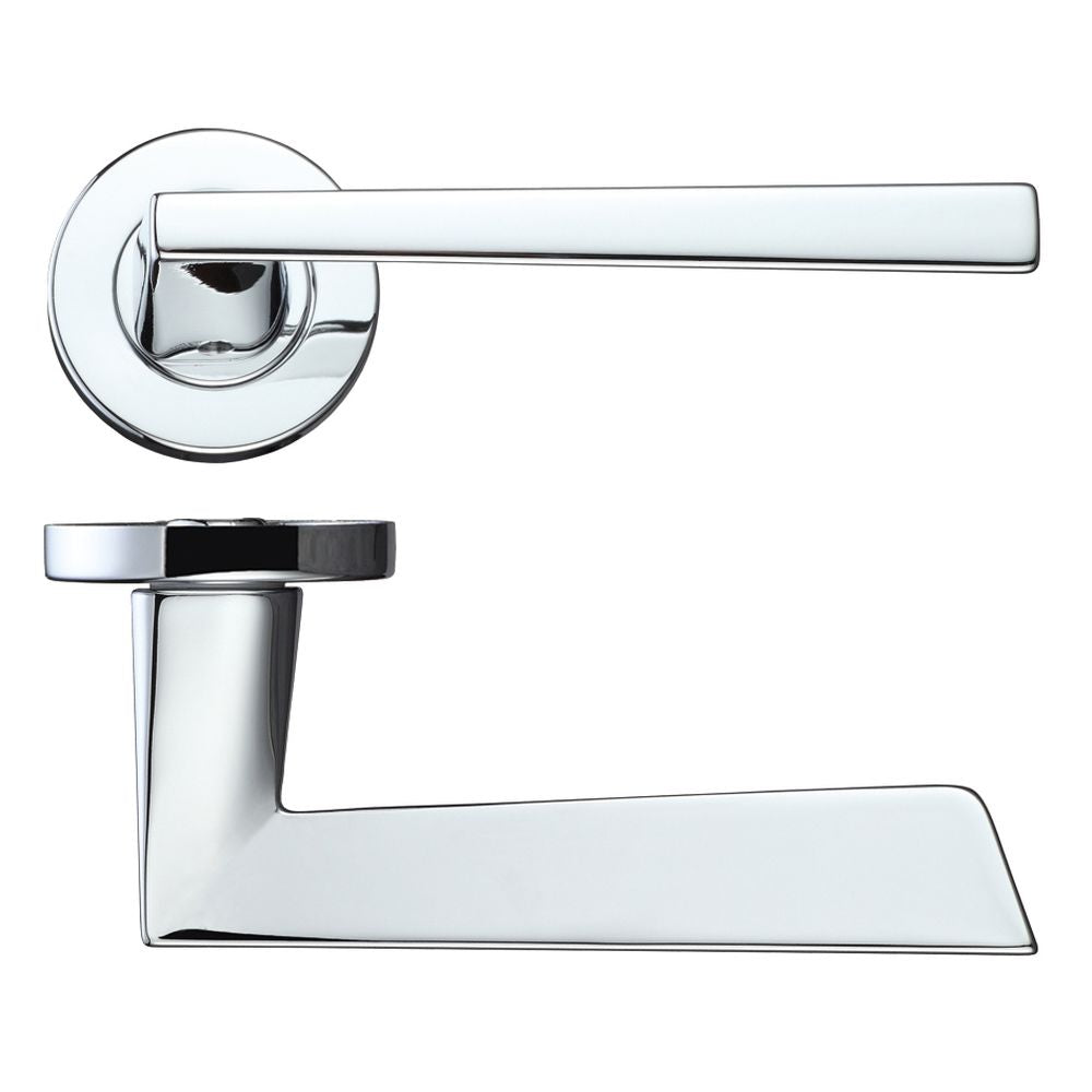 High quality image of the Rosso Maniglie - Lupus Lever on Round Rose - Polished Chrome | Sku. rm020cp | available to order from Trade Door Handles.