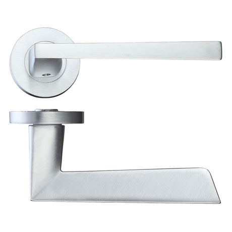 High quality image of the Rosso Maniglie - Lupus Lever on Round Rose - Satin Chrome | Sku. rm020sc | available to order from Trade Door Handles.