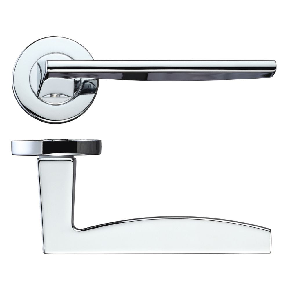 High quality image of the Rosso Maniglie - Pavo Lever on Round Rose - Polished Chrome | Sku. rm030cp | available to order from Trade Door Handles.