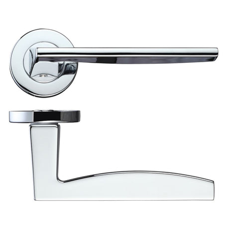 High quality image of the Rosso Maniglie - Pavo Lever on Round Rose - Polished Chrome | Sku. rm030cp | available to order from Trade Door Handles.