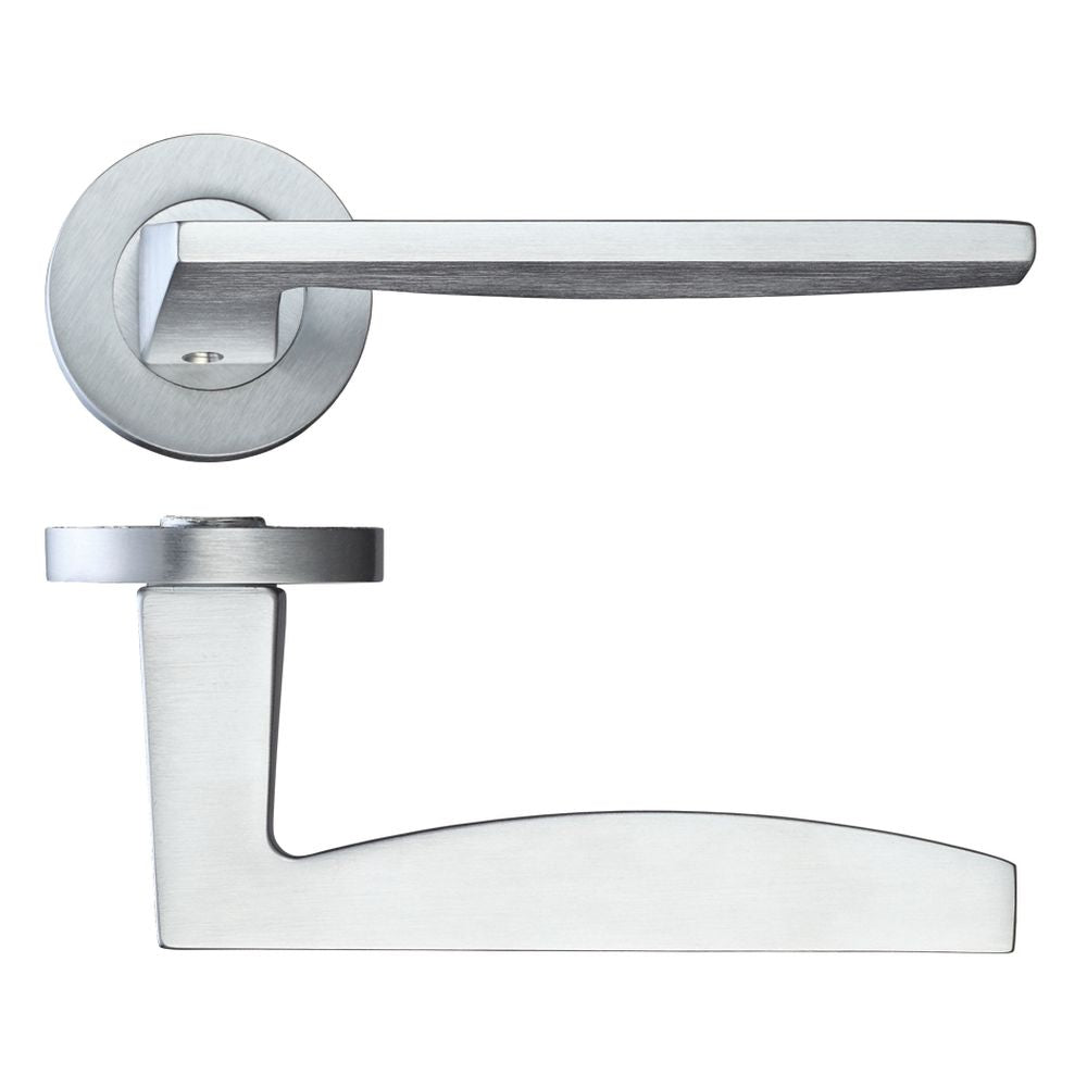 High quality image of the Rosso Maniglie - Pavo Lever on Round Rose - Satin Chrome | Sku. rm030sc | available to order from Trade Door Handles.