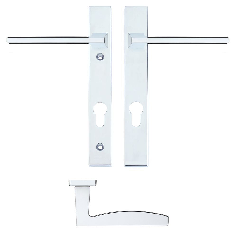 High quality image of the Rosso Maniglie - Pavo Lever Euro Lock (92mm c/c) On Narrow Backplate - 220x32mm - Polished Chrome | Sku. rm03np92cp | available to order from Trade Door Handles.