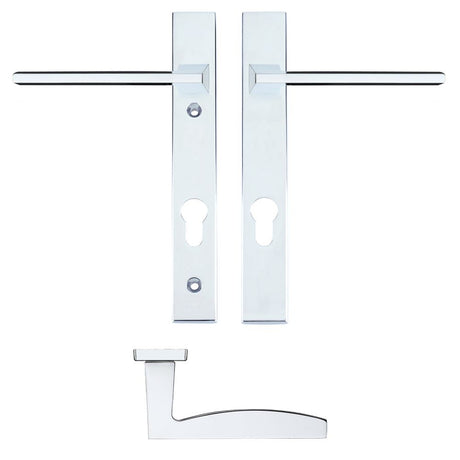 High quality image of the Rosso Maniglie - Pavo Lever Euro Lock (92mm c/c) On Narrow Backplate - 220x32mm - Polished Chrome | Sku. rm03np92cp | available to order from Trade Door Handles.