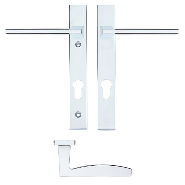 High quality image of the Rosso Maniglie - Pavo Lever Euro Lock (92mm c/c) On Narrow Backplate - 220x32mm - Polished Chrome | Sku. rm03np92cp | available to order from Trade Door Handles.