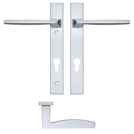 High quality image of the Rosso Maniglie - Pavo Lever Euro Lock (92mm c/c) On Narrow Backplate - 220x32mm - Satin Chrome | Sku. rm03np92sc | available to order from Trade Door Handles.