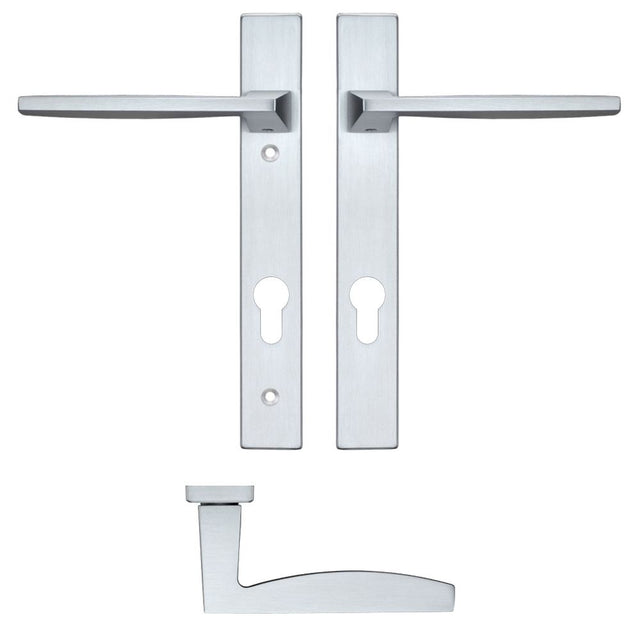 High quality image of the Rosso Maniglie - Pavo Lever Euro Lock (92mm c/c) On Narrow Backplate - 220x32mm - Satin Chrome | Sku. rm03np92sc | available to order from Trade Door Handles.