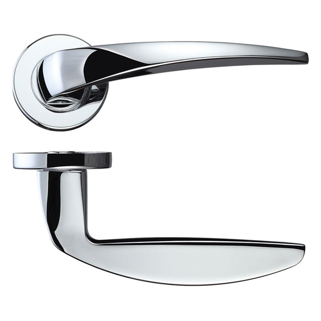 High quality image of the Rosso Maniglie - Cygnus Lever on Round Rose - Polished Chrome | Sku. rm040cp | available to order from Trade Door Handles.
