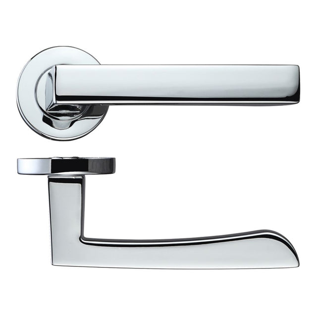 High quality image of the Rosso Maniglie - Mensa Lever on Round Rose - Polished Chrome | Sku. rm050cp | available to order from Trade Door Handles.