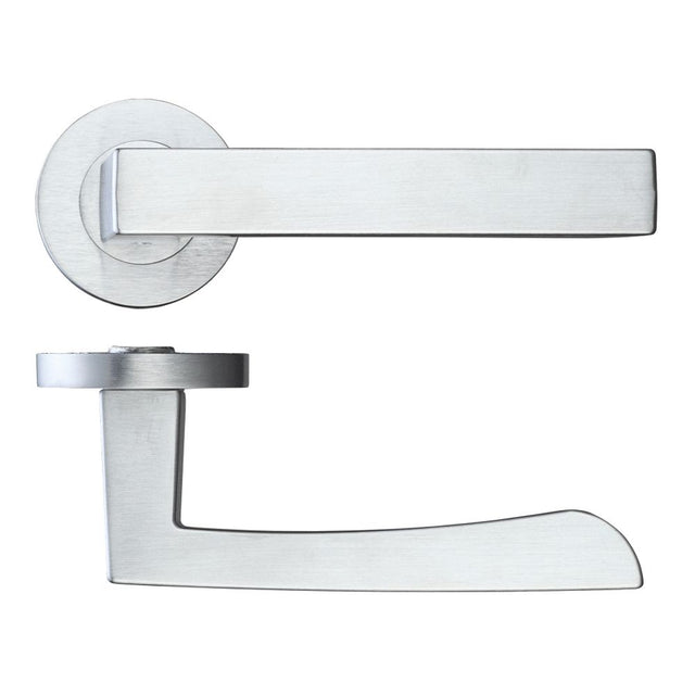 High quality image of the Rosso Maniglie - Mensa Lever on Round Rose - Satin Chrome | Sku. rm050sc | available to order from Trade Door Handles.