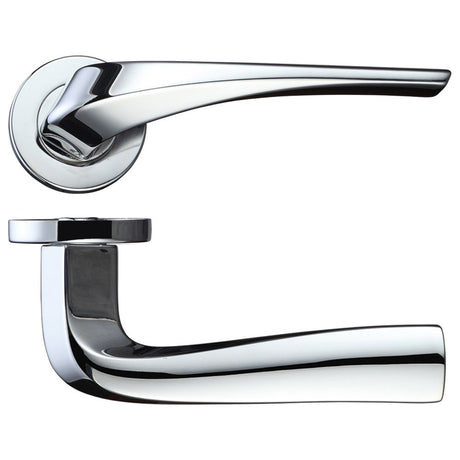 High quality image of the Rosso Maniglie - Aries Lever on Round Rose - Polished Chrome | Sku. rm060cp | available to order from Trade Door Handles.