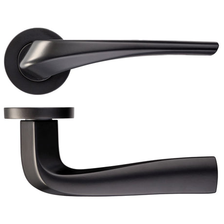 High quality image of the Rosso Maniglie - Aries Lever on Round Rose - Powder Coat Black | Sku. rm060pcb | available to order from Trade Door Handles.