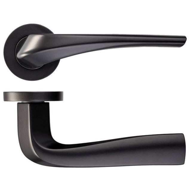 High quality image of the Rosso Maniglie - Aries Lever on Round Rose - Powder Coat Black | Sku. rm060pcb | available to order from Trade Door Handles.