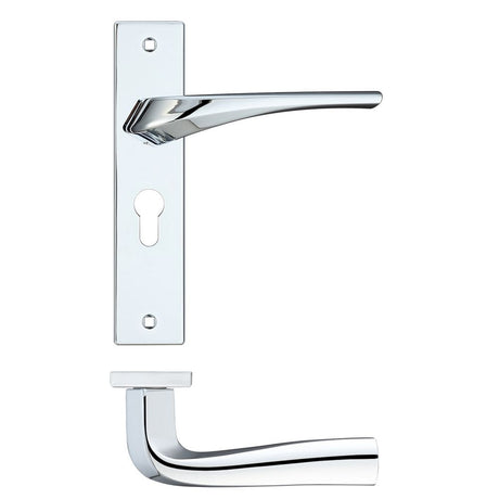 High quality image of the Rosso Maniglie - Aries Lever Euro Lock (47.5mm c/c) On Backplate - 190x42mm - Polished Chrome | Sku. rm061epcp | available to order from Trade Door Handles.