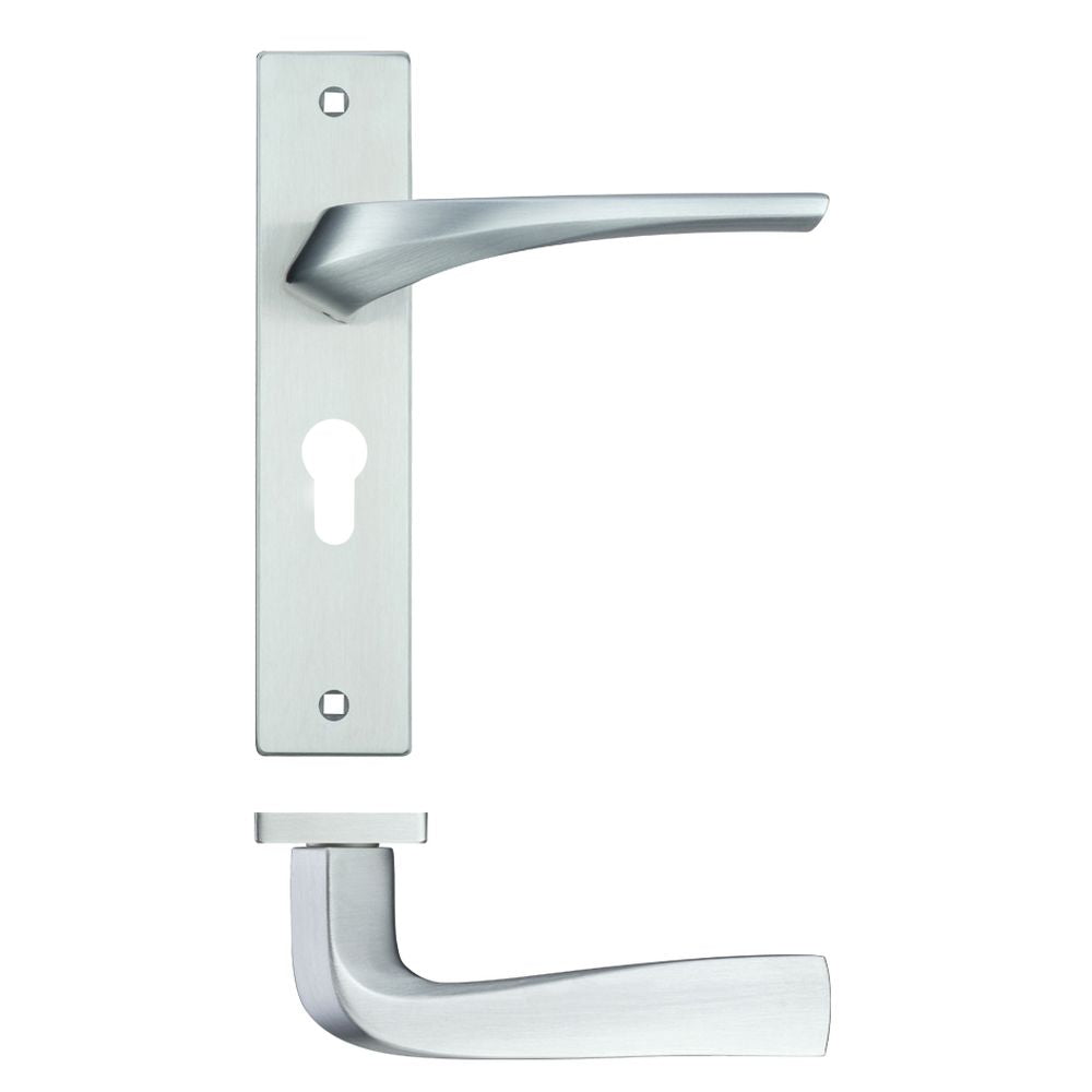 High quality image of the Rosso Maniglie - Aries Lever Euro Lock (47.5mm c/c) On Backplate - 190x42mm - Satin Chrome | Sku. rm061epsc | available to order from Trade Door Handles.