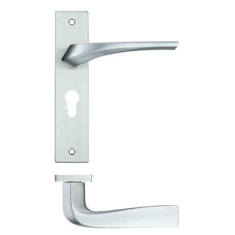 High quality image of the Rosso Maniglie - Aries Lever Euro Lock (47.5mm c/c) On Backplate - 190x42mm - Satin Chrome | Sku. rm061epsc | available to order from Trade Door Handles.