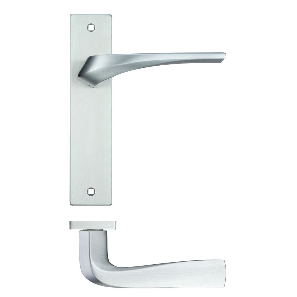 High quality image of the Rosso Maniglie - Aries Lever Latch On Backplate - 190x42mm - Satin Chrome | Sku. rm062sc | available to order from Trade Door Handles.