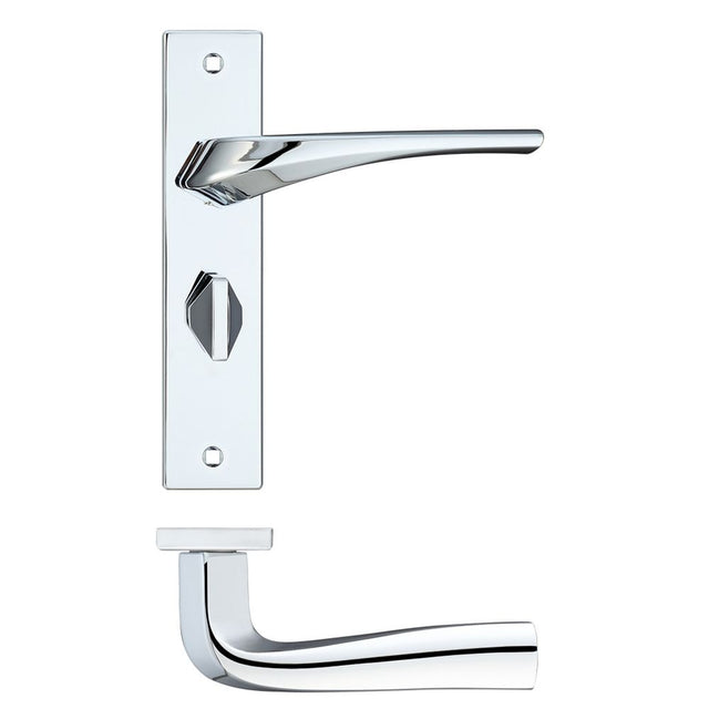 High quality image of the Rosso Maniglie - Aries Lever Bathroom (57mm c/c) On Backplate - 190x42mm - Polished Chrome | Sku. rm063cp | available to order from Trade Door Handles.