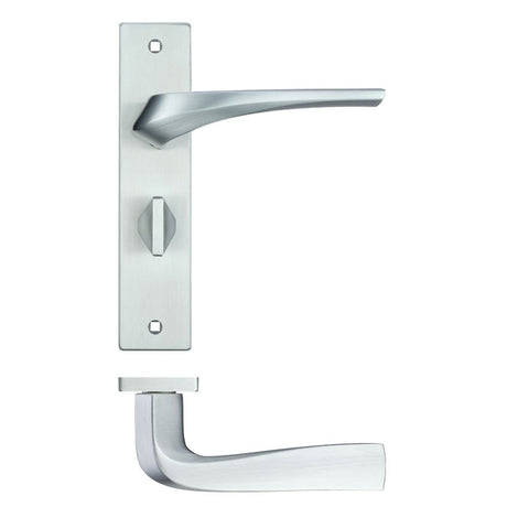 High quality image of the Rosso Maniglie - Aries Lever Bathroom (57mm c/c) On Backplate - 190x42mm - Satin Chrome | Sku. rm063sc | available to order from Trade Door Handles.