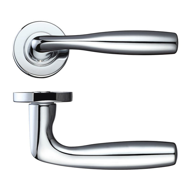 High quality image of the Rosso Maniglie - Corvus Lever on Round Rose - Polished Chrome | Sku. rm070cp | available to order from Trade Door Handles.