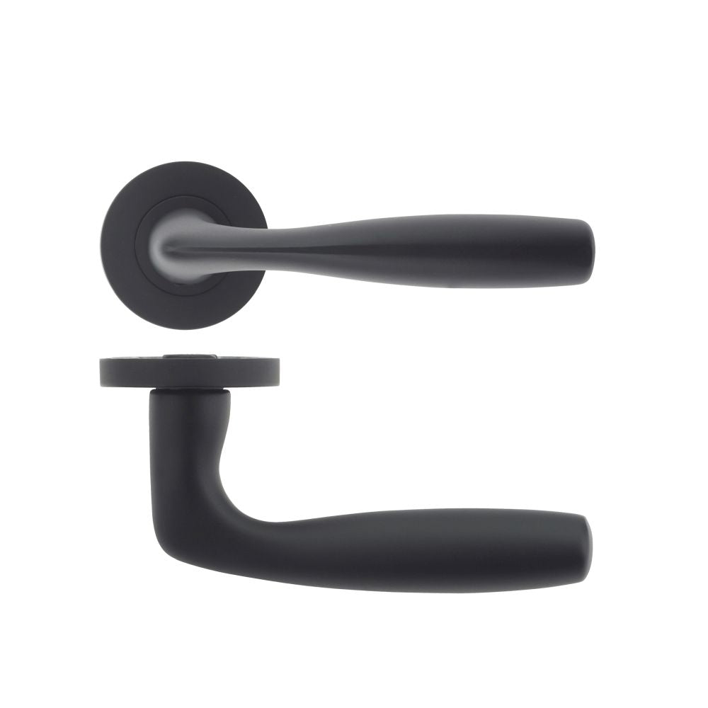 High quality image of the Rosso Maniglie - Corvus - Rosso Maniglie Lever On Screw On Rose Oscuro Matt Black | Sku. rm070omb | available to order from Trade Door Handles.