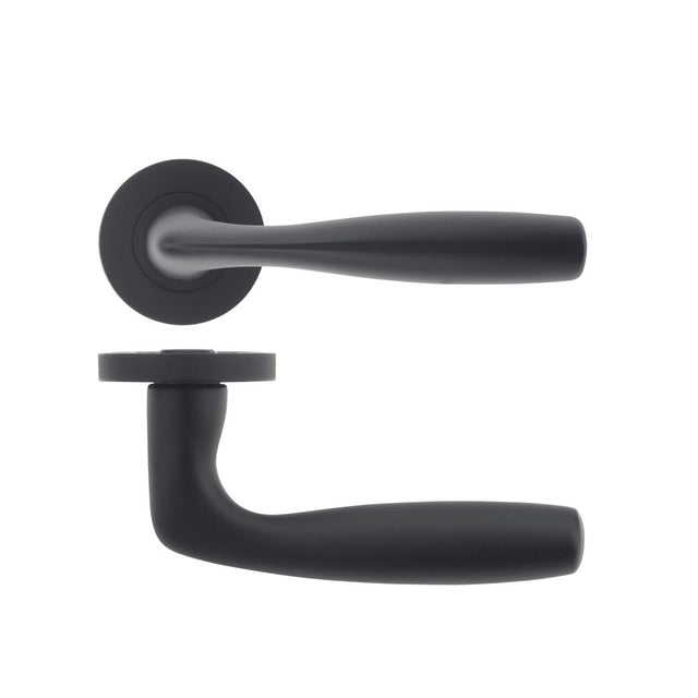 High quality image of the Rosso Maniglie - Corvus - Rosso Maniglie Lever On Screw On Rose Oscuro Matt Black | Sku. rm070omb | available to order from Trade Door Handles.
