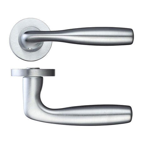 High quality image of the Rosso Maniglie - Corvus Lever on Round Rose - Satin Chrome | Sku. rm070sc | available to order from Trade Door Handles.