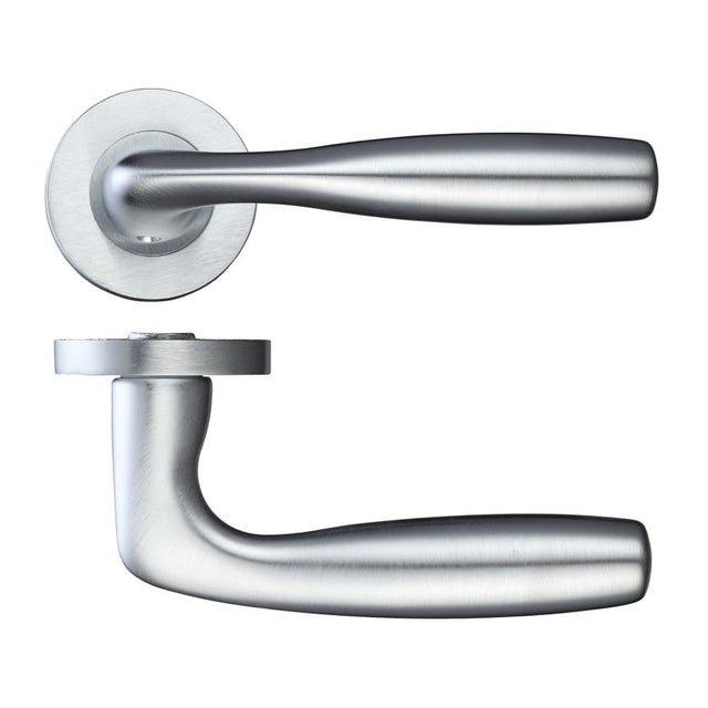 High quality image of the Rosso Maniglie - Corvus Lever on Round Rose - Satin Chrome | Sku. rm070sc | available to order from Trade Door Handles.