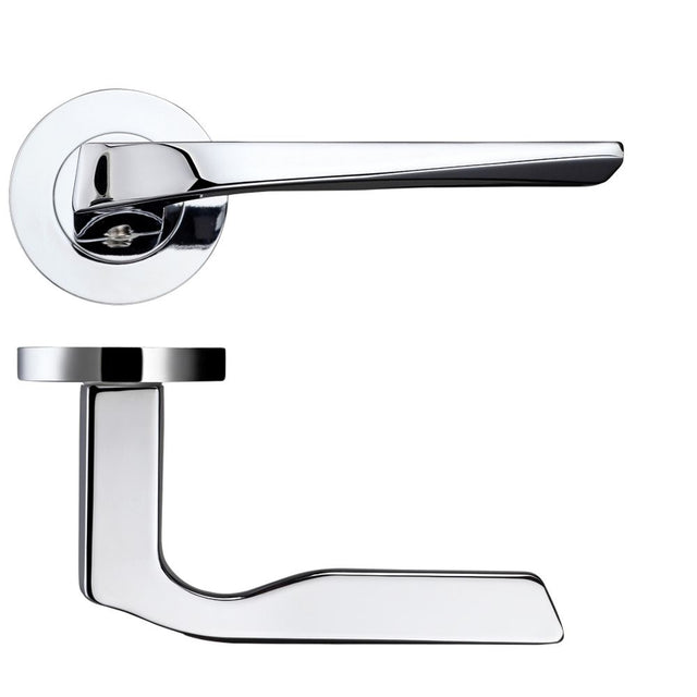 High quality image of the Rosso Maniglie - Lyra Lever on Round Rose - Polished Chrome | Sku. rm090cp | available to order from Trade Door Handles.