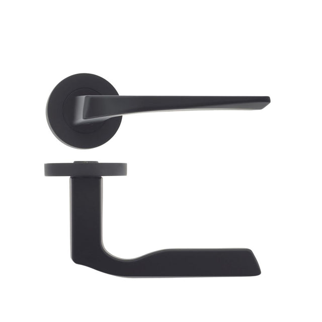 High quality image of the Rosso Maniglie - Lyra - Rosso Maniglie Lever On Screw On Rose Oscuro Matt Black | Sku. rm090omb | available to order from Trade Door Handles.