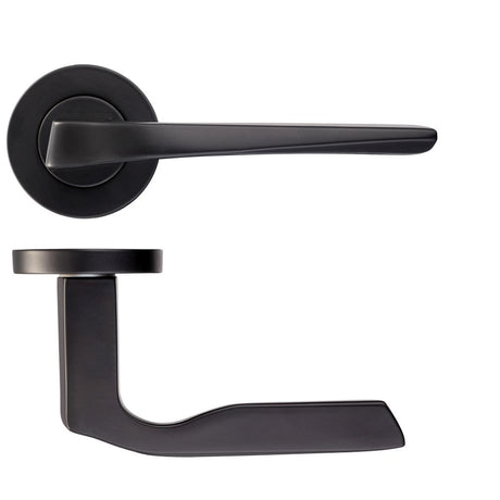 High quality image of the Rosso Maniglie - Lyra Lever on Round Rose - Powder Coat Black | Sku. rm090pcb | available to order from Trade Door Handles.