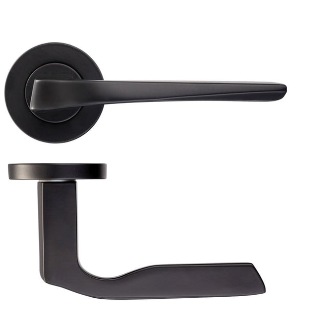 High quality image of the Rosso Maniglie - Lyra Lever on Round Rose - Powder Coat Black | Sku. rm090pcb | available to order from Trade Door Handles.