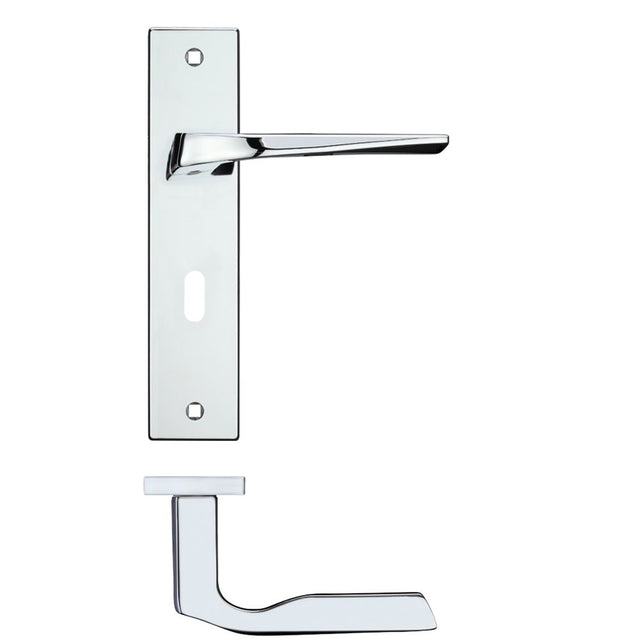 High quality image of the Rosso Maniglie - Lyra Lever Lock (57mm c/c) On Backplate - 190x42mm - Polished Chrome | Sku. rm091cp | available to order from Trade Door Handles.
