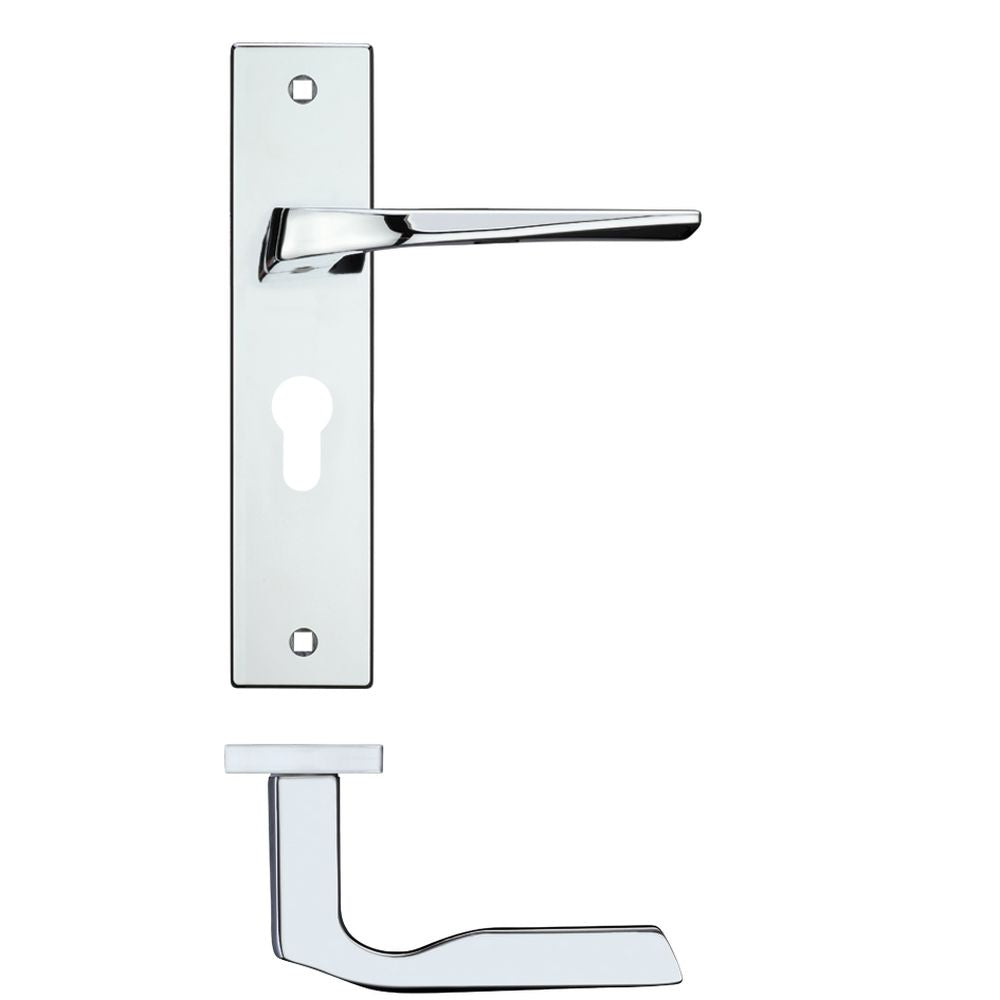 High quality image of the Rosso Maniglie - Lyra Lever Euro Lock (47.5mm c/c) On Backplate - 190x42mm - Polished Chrome | Sku. rm091epcp | available to order from Trade Door Handles.