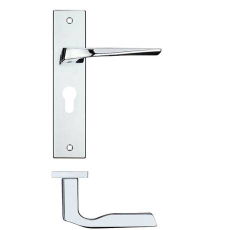 High quality image of the Rosso Maniglie - Lyra Lever Euro Lock (47.5mm c/c) On Backplate - 190x42mm - Polished Chrome | Sku. rm091epcp | available to order from Trade Door Handles.