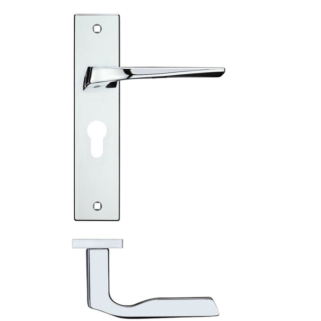 High quality image of the Rosso Maniglie - Lyra Lever Euro Lock (47.5mm c/c) On Backplate - 190x42mm - Polished Chrome | Sku. rm091epcp | available to order from Trade Door Handles.