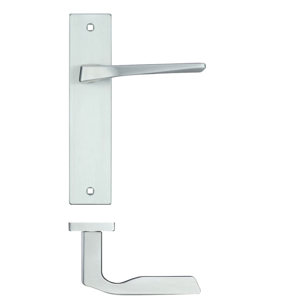High quality image of the Rosso Maniglie - Lyra Lever Latch On Backplate - 190x42mm - Satin Chrome | Sku. rm092sc | available to order from Trade Door Handles.
