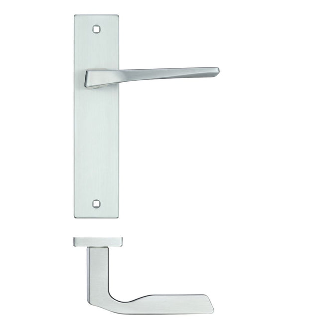 High quality image of the Rosso Maniglie - Lyra Lever Latch On Backplate - 190x42mm - Satin Chrome | Sku. rm092sc | available to order from Trade Door Handles.
