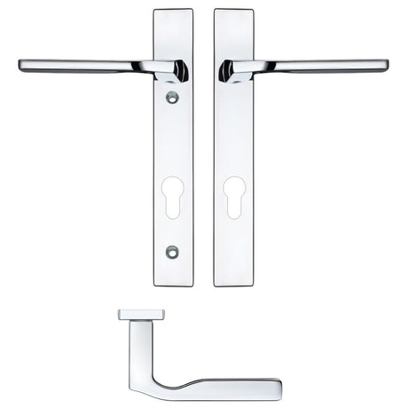 High quality image of the Rosso Maniglie - Vela Lever Euro Lock (92mm c/c) On Narrow Backplate - 220x32mm - Polished Chrome | Sku. rm12np92cp | available to order from Trade Door Handles.