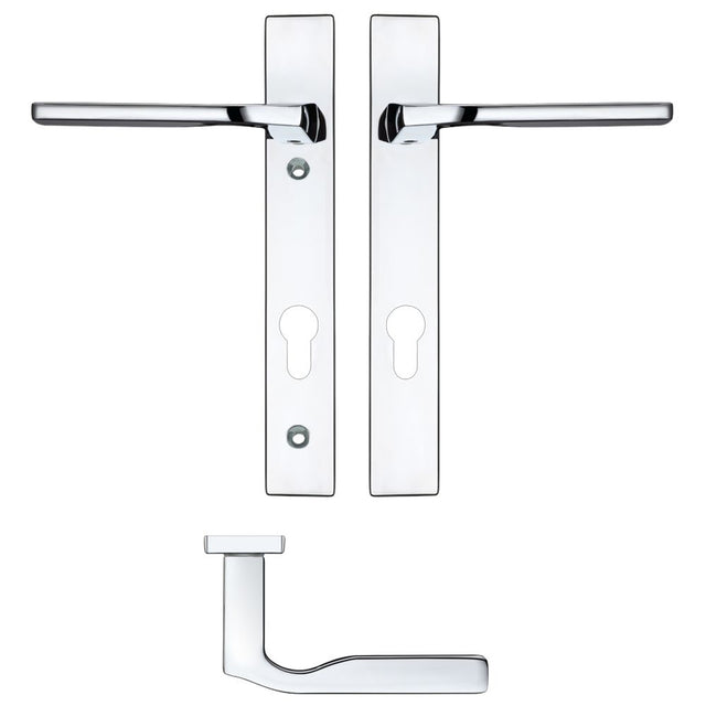 High quality image of the Rosso Maniglie - Vela Lever Euro Lock (92mm c/c) On Narrow Backplate - 220x32mm - Polished Chrome | Sku. rm12np92cp | available to order from Trade Door Handles.