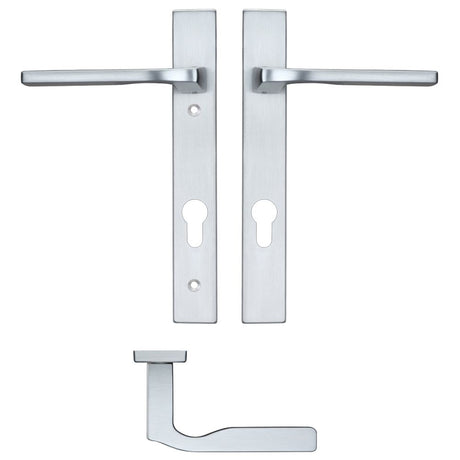 High quality image of the Rosso Maniglie - Vela Lever Euro Lock (92mm c/c) On Narrow Backplate - 220x32mm - Satin Chrome | Sku. rm12np92sc | available to order from Trade Door Handles.