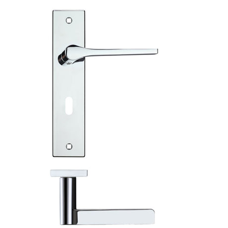 High quality image of the Rosso Maniglie - Draco Lever Lock (57mm c/c) On Backplate - 190x42mm - Polished Chrome | Sku. rm131cp | available to order from Trade Door Handles.